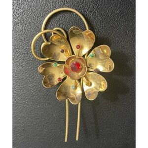 Vintage Rhinestone Flower Brooch Gold Tone Large Retro Pin Floral Jewelry